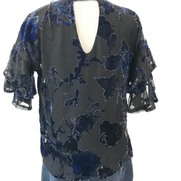 Lily White Black and Bluish Purple Velvet Top Floral blouse Ruffled Sleeves - Picture 8 of 13
